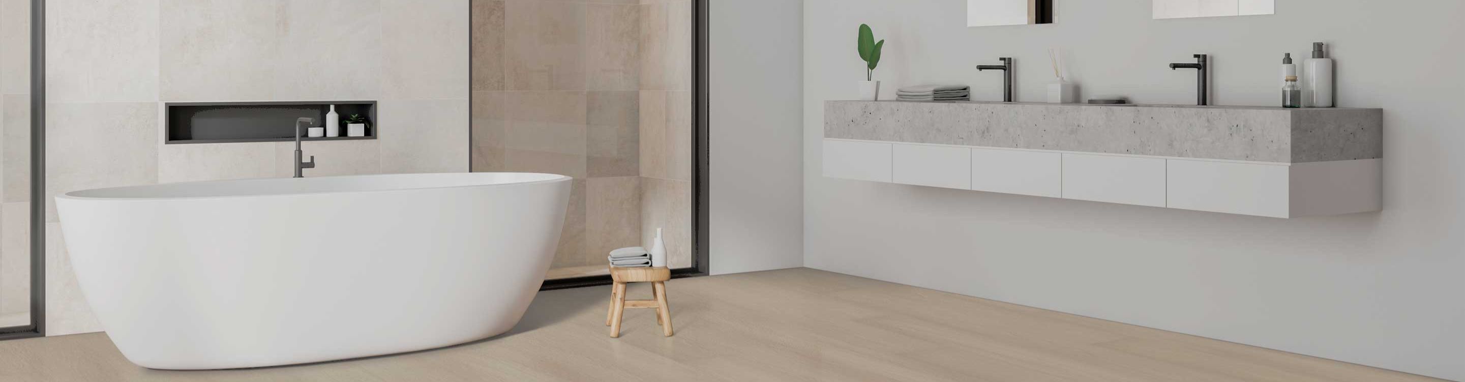 Bathroom fixtures includeing tub, walk in tile shower, faucets, and sinks