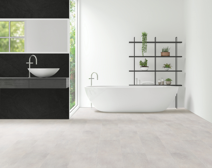 Gray tile flooring in a modern bathroom