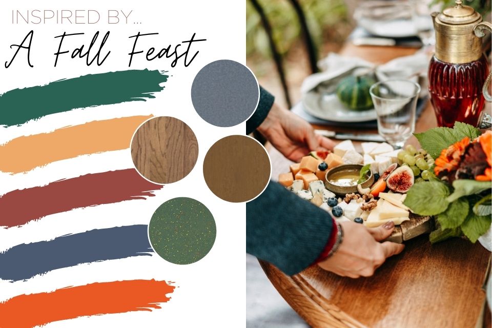 Five fall inspired colors and four flooring swatches graphic with a fall feast table 