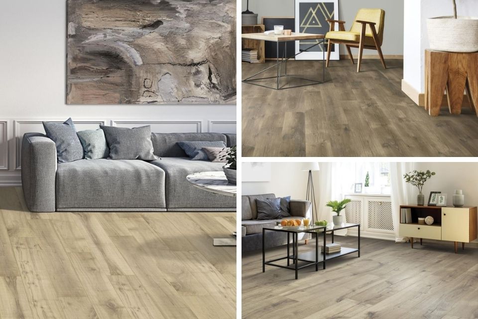 Laminate flooring graphic with three floors from Mirror Lake brand 