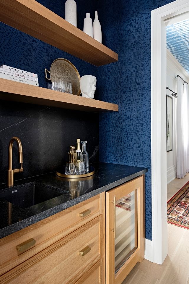 open-shelved wet bar Design by REBECCA HAY Photography by MIKE CHAJECKI