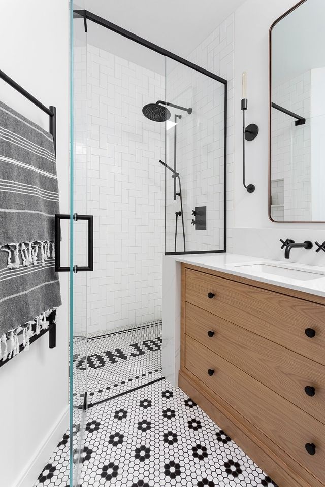Hibou Design and Co black and white walk in shower design 