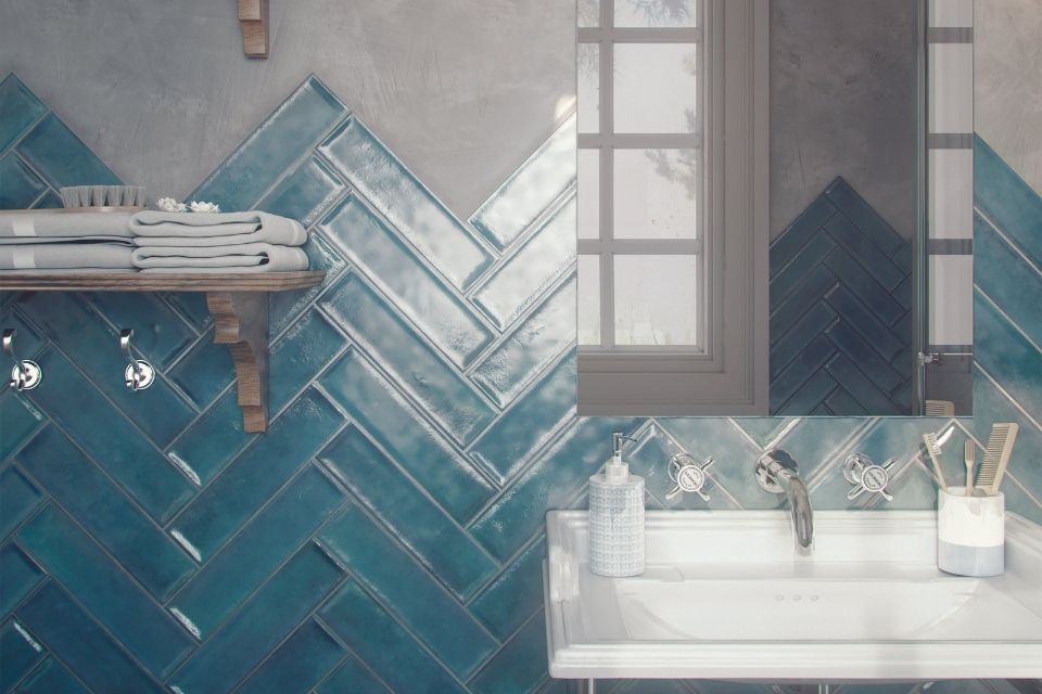 bathroom backsplash, Raku tile in blue by Emser in herringbone pattern