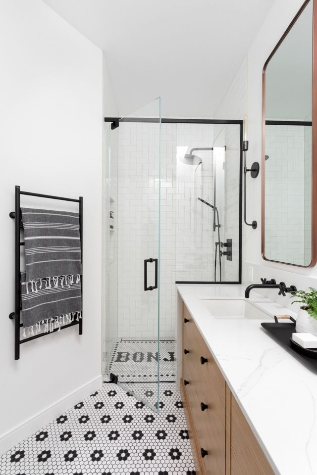 bathroom with mosaic tile floor and glass shower | Hibou Design and Co.