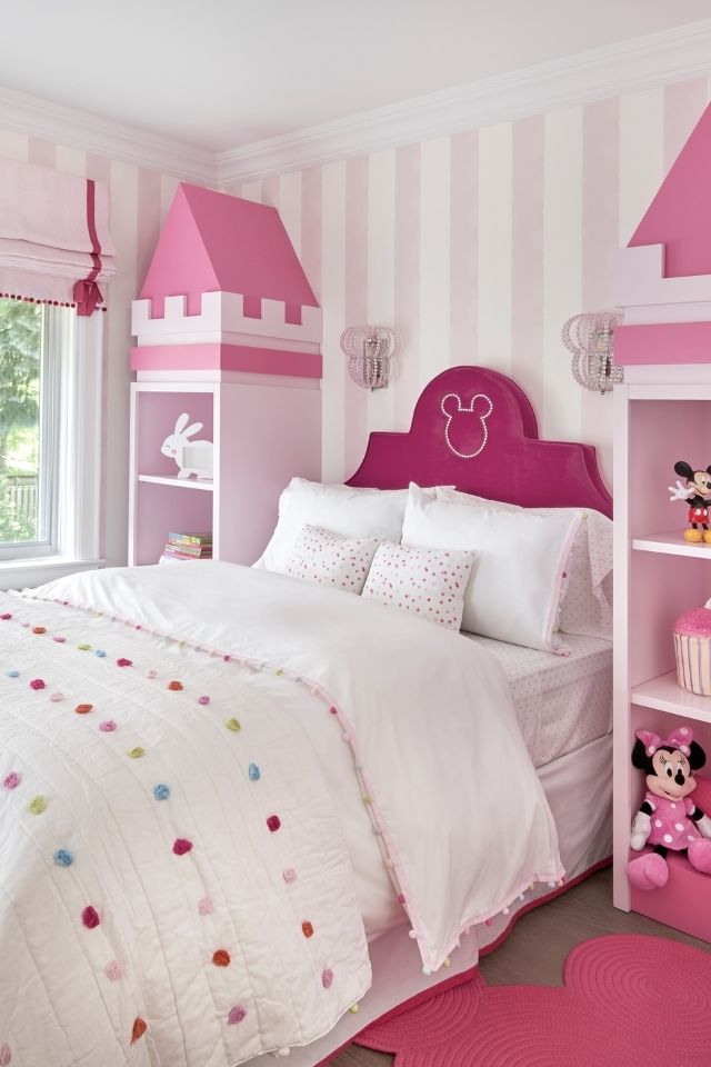 Pink kid's bedroom with built-in cabinets by Sara Bederman 