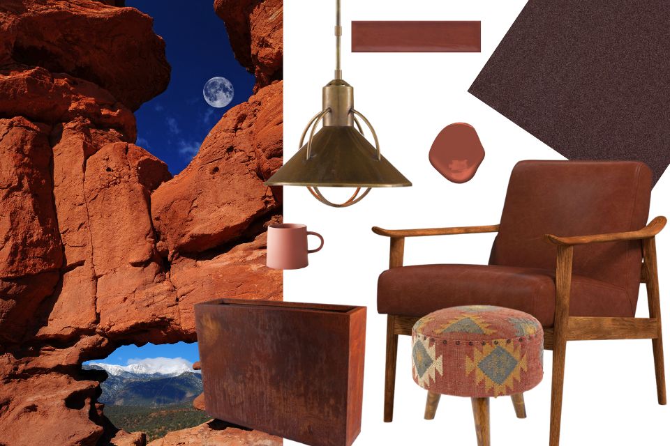 Brick red moodboard with products from Emser, Currey & Company, West Elm