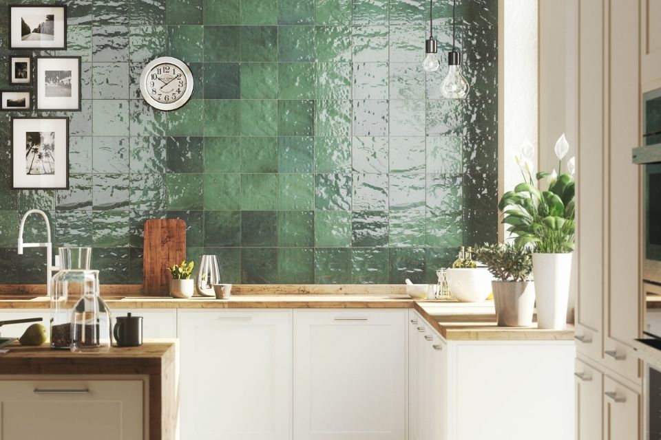 Emser Passion tile in green on kitchen backsplash, trending for 2022