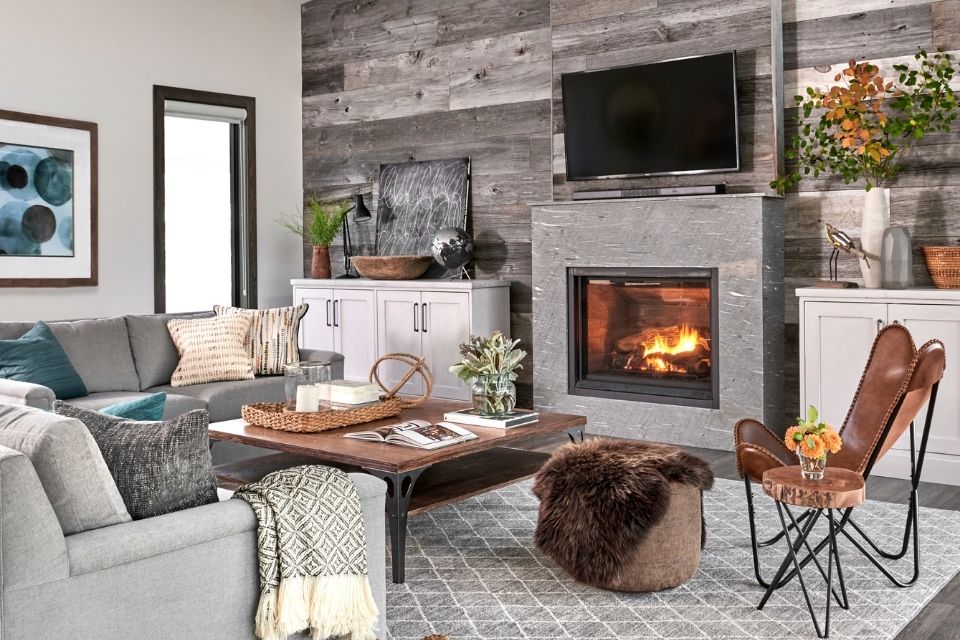 Cozy gray living room, wood accents Design by SARA BEDERMAN  Photos by STEPHANI BUCHMAN