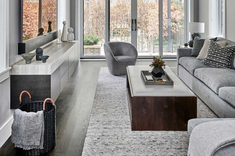 gray living room with texture Design by SARA BEDERMAN  Photo by STEPHANI BUCHMAN