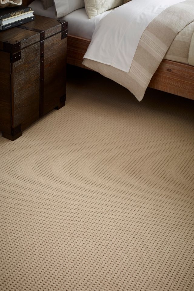 check patterned tan waterproof carpet in bedroom