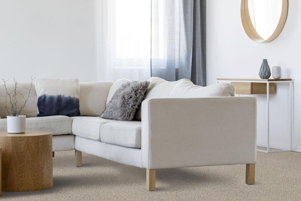 soft and durable carpet in beige living room with gray accents