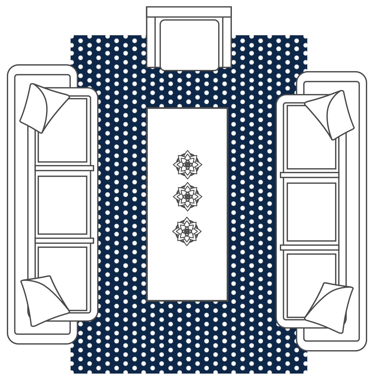 diagram of living room area rug layout under the front legs of furniture