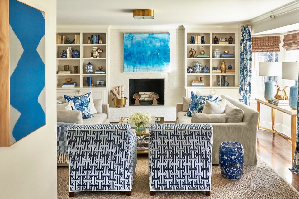 Traci Zeller Interiors | Blue Living Room Design | Built-in Shelves Styling
