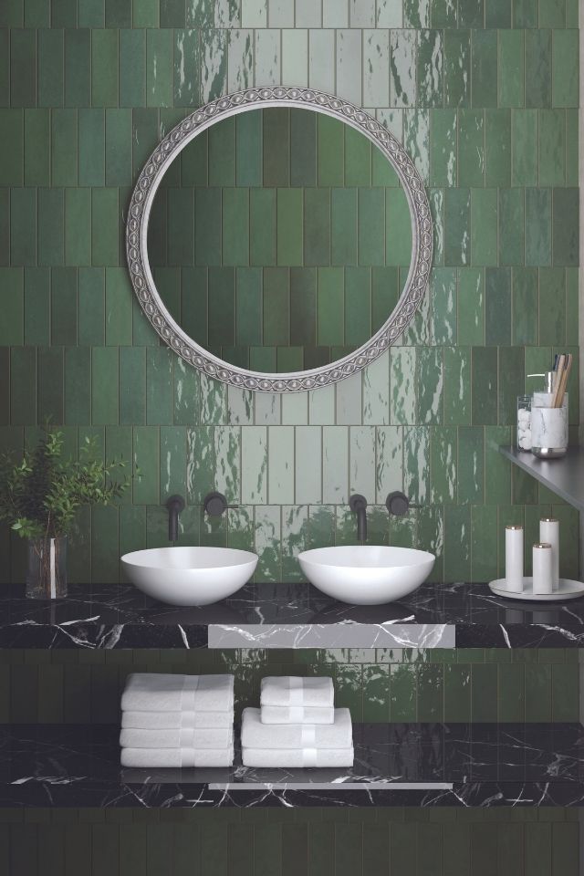 green vertical subway tile in modern bathroom | Passion Verde tile by Emser