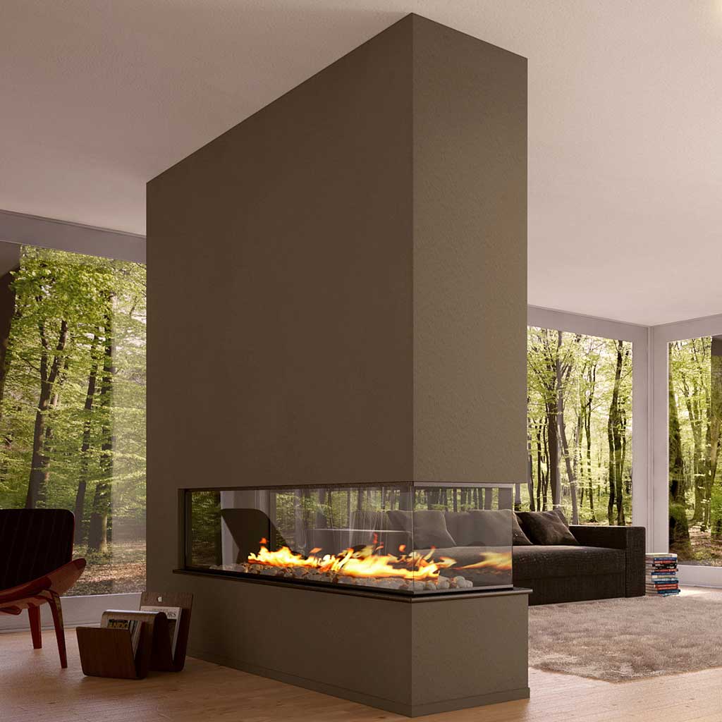 modern wraparound fireplace by Ave Designs
