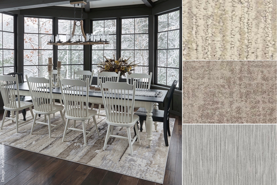organic textured area rug carpet in large country farmhouse dining room
