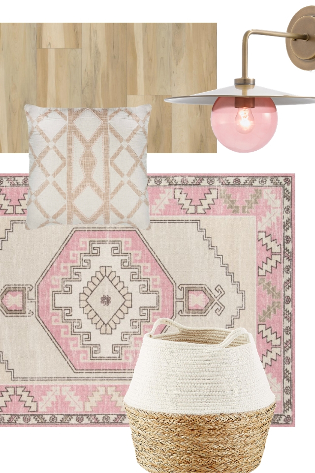 Collage of blush pink design elements | pink light bulb, rug, pillow