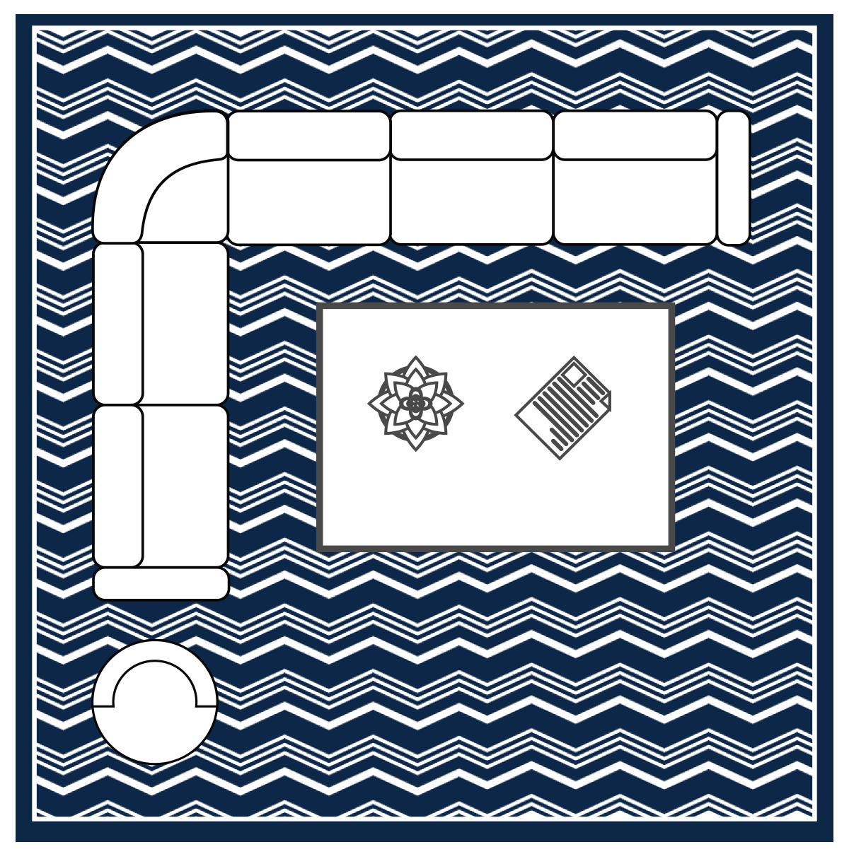 diagram of an area rug layout with all furniture on top of the rug
