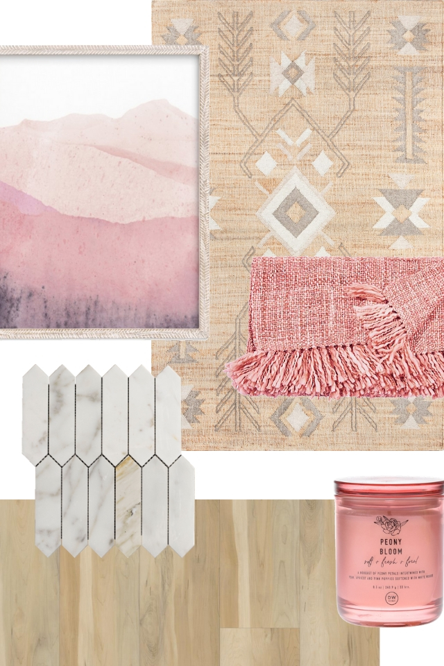 collage of blush pink design elements | rug, mountain art, throw, tile and wood