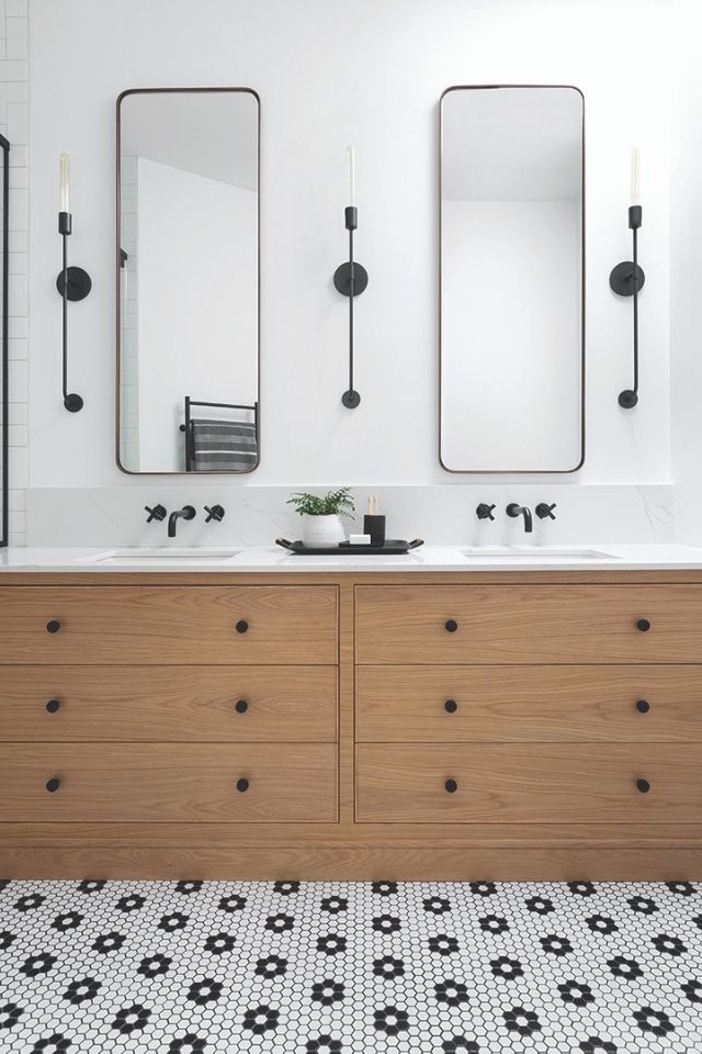 light wood bathroom vanity with mosaic tile floor | Hibou Design and Co.