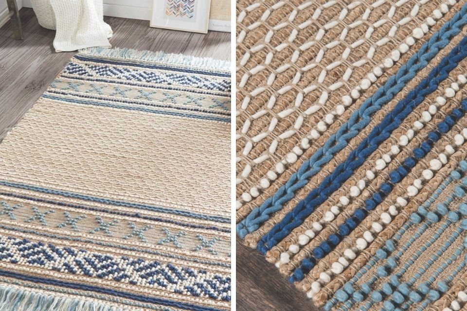 Natural jute area rug with blue accents 