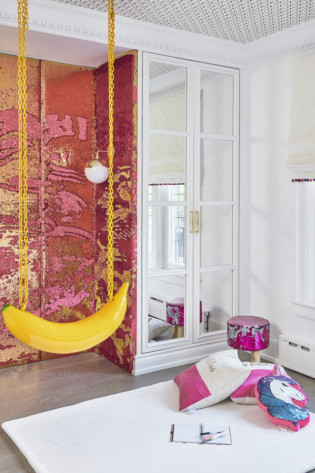 banana swing with sequin wall in child's room  Interior Design by Sara Bederman