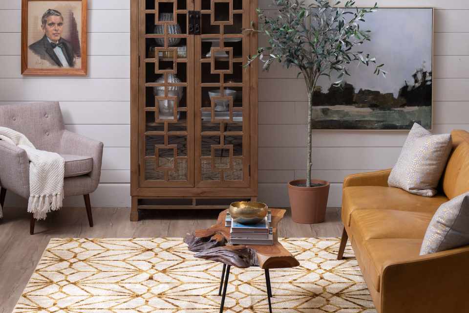 gold geometric area rug in living room