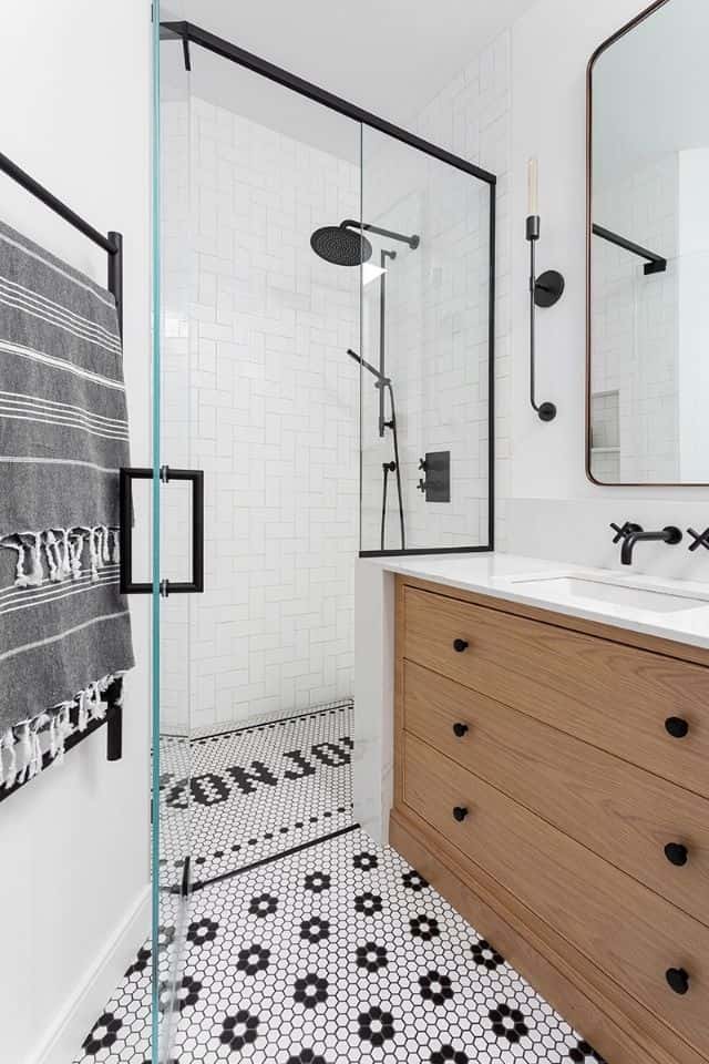 Hibou Design and Co black and white walk in shower tile design 