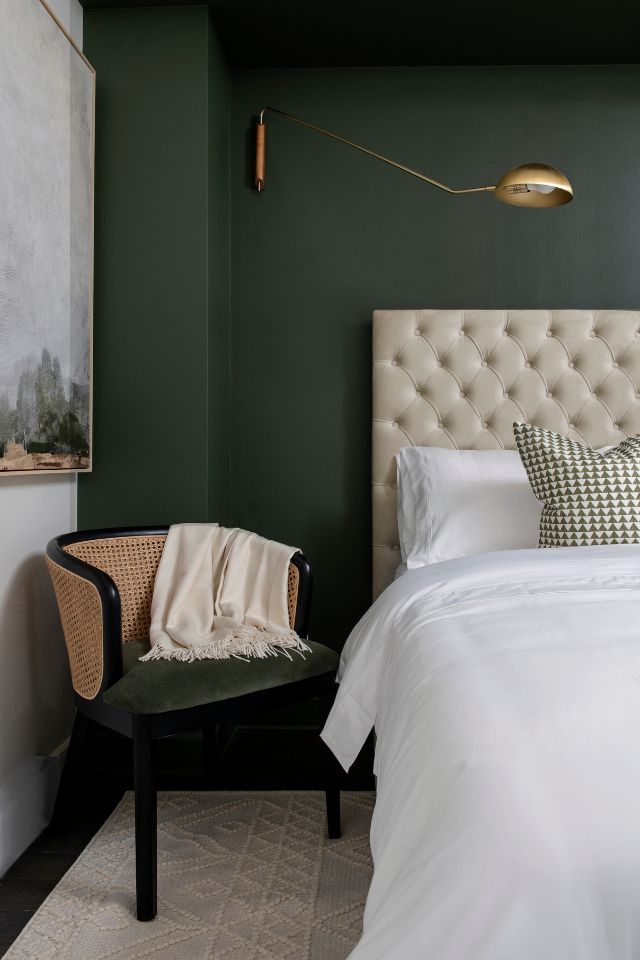 bedroom with green accent wall Design by HIBOU DESIGN + CO  Photography by MIKE CHAJECKI