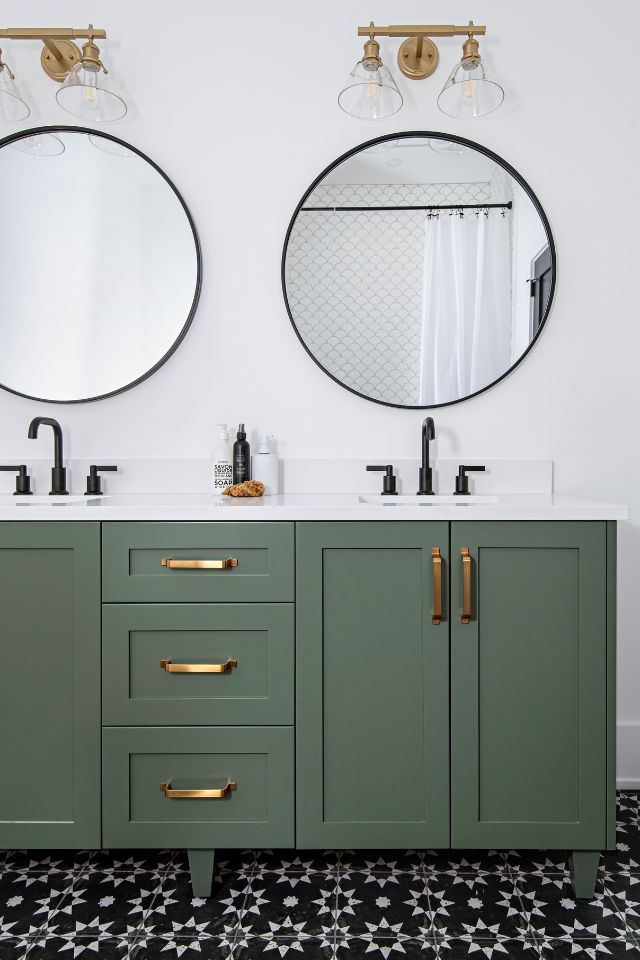 green bathroom vanity Design by MICHELLE BERWICK  Photography by MIKE CHAJECKI