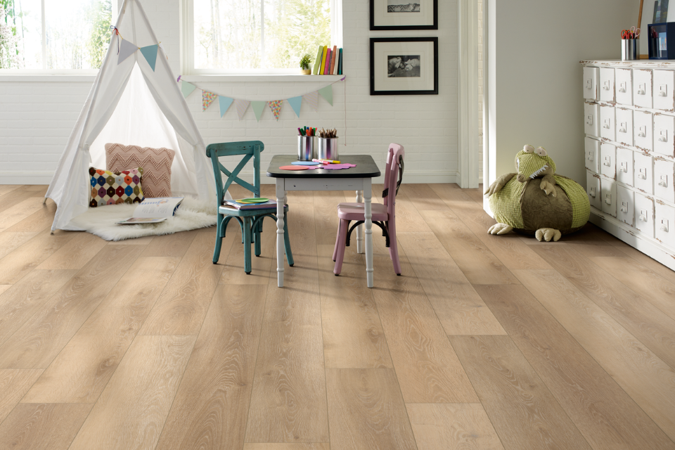 children's playroom with wood-look flooring